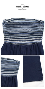Detail showing the knitted horizontal striped tube top with gathered navy blue fabric joint