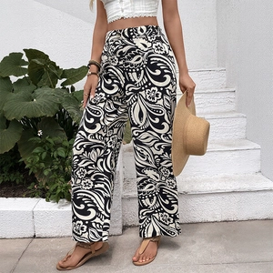 Women high waist wide leg pants with black and white paisley floral print summer style
