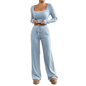 Women's two-piece striped lounge set with long sleeve crop top and wide leg pants