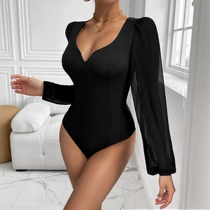 Chic black long sleeve bodysuit with mesh puff sleeves and deep V-neckline for women