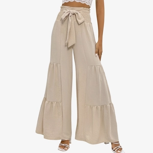 Women's high waist beige wide leg pants with elastic bow tie and layered ruffle hem