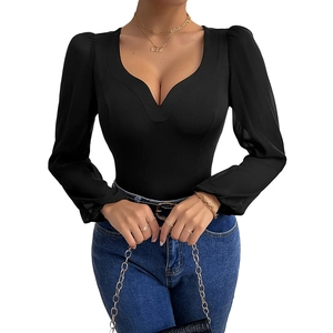 Elegant black V-neck bodysuit with sheer mesh puff sleeves and heart neckline