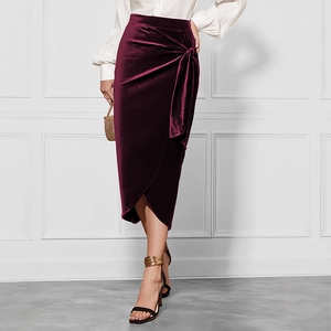 Women Elegant Wine Red Velvet Wrap Midi Skirt High Waist Twisted Knot Slit Bodycon Commuter Velveteen Solid Color Skirt