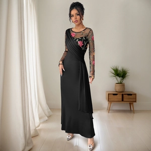 Elegant black long-sleeved evening dress with floral mesh embroidery and pleated details