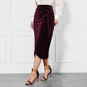 Elegant deep purple velvet wrap skirt with side knot detail and side slit for women