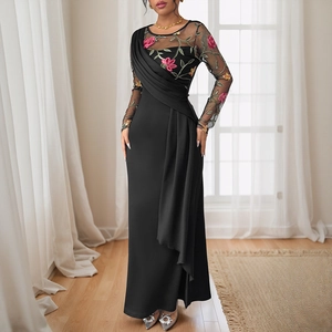 Elegant black maxi dress with sheer mesh panels and pink floral rose embroidery detail