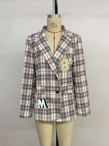 Detail eines klassischen Karo-Blazers mit strukturierten Stick-Patches 8 und M