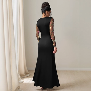 Elegant black mermaid evening dress with embroidered mesh sleeves and pleated floral detail