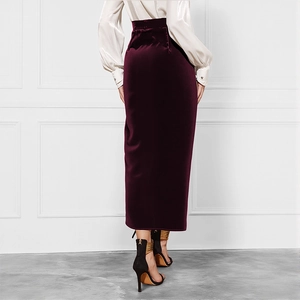 Elegant deep purple velvet high waist maxi skirt with a stylish back slit for women