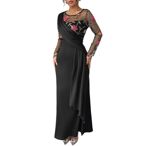 Elegant black evening gown with floral mesh embroidery and pleated slim fit design