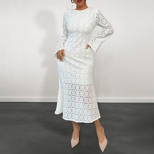 Elegante Abito Maxi in Pizzo Bianco Con Motivo Traforato Maniche a Campana Girocollo Lungo Aderente Viscosa Poliammide Donna