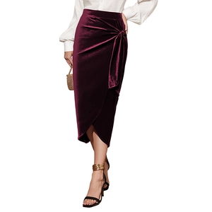 Elegant high-waisted wine red velvet wrap midi skirt with a stylish side knot detail