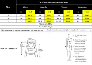 Detailed size chart for crewneck striped sweater showing measurements and fabric specifications