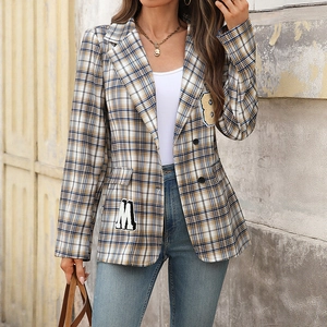 Damen Vintage Karo Blazer Jacke Preppy Stil Buchstaben Aufnäher Langarm Casual Outwear Mantel Kaffeebraun Karo Blazer