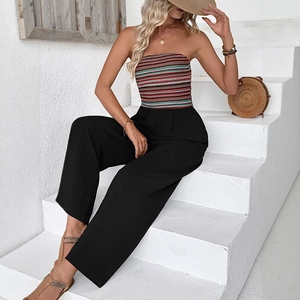 Women's striped bandeau jumpsuit with wide leg trousers for summer casual beach style