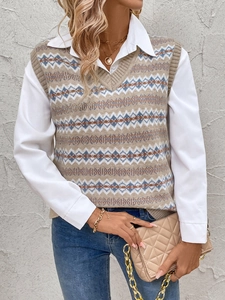 Close-up of Fair Isle geometric jacquard pattern on a knitted vest for women