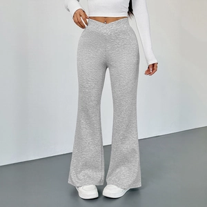 Pantalon évasé gris pour femmes avec taille haute en V unique pour le sport et les loisirs