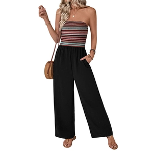 Women's tube top wide leg jumpsuit with striped knit bodice and high waist trousers