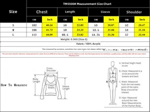 Size chart for knit sweater showing bust and length measurements in cm and inches