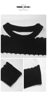 Detail showing the ribbed crew neck and cuff texture of this striped knit sweater