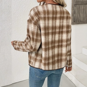 Cappotto in lana a quadri marroni e bianchi con maniche lunghe ed eleganti bordi marroni
