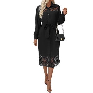 Elegant black long-sleeve shirt dress with lace patchwork and waist tie for women