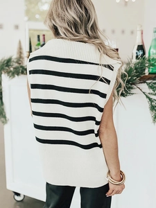 Back view of a striped sleeveless knit vest with a high collar and ribbed edges