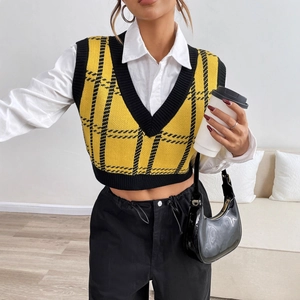 Women Plaid Knit Vest V Neck Cropped Sleeveless Sweater Top Preppy Style Casual Knitwear Waistcoat For Autumn Winter