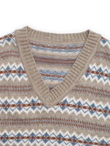 Close-up of V-neckline on knit vest with ethnic jacquard pattern and rib-knit trim