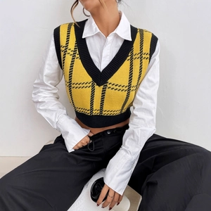 Women's V-neck plaid knit vest in yellow and black check pattern with ribbed trim