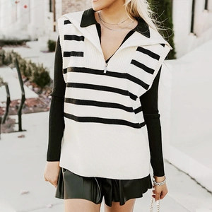 Women Casual Striped Knit Vest Quarter Zip Turn Down Collar Sleeveless Sweater Top Retro Fashion Knitwear For Women