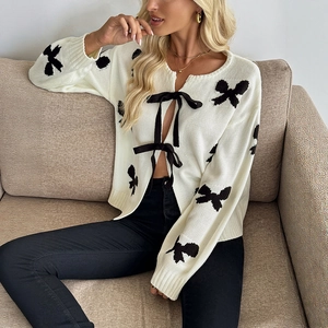 Damen Französisch Süß Strickjacke 100% Polyacryl Langarm Jacquard Schleife Schnürung Pullover Für Herbst Freizeit Alltag