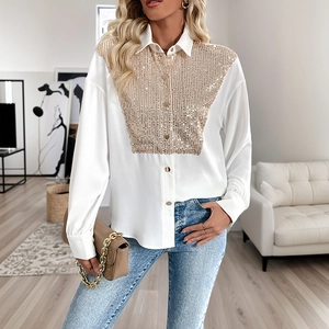 Women Elegant White Sequin Patchwork Long Sleeve Shirt Satin Style Polo Collar Fashion Streetwear Top For Party