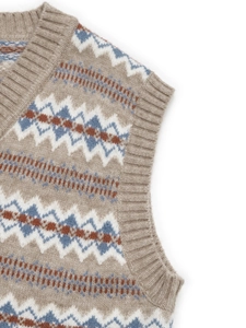 Detailed macro view of retro jacquard knit vest with premium wool texture and embroidery