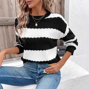 Women's crewneck knit sweater with classic black and white horizontal stripes design