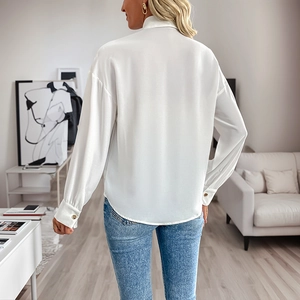 Elegant white satin long sleeve shirt for women featuring a glossy finish and tailored back