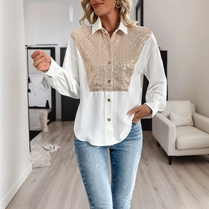 Chic white long-sleeve blouse for women featuring golden sequin trim and classic lapels