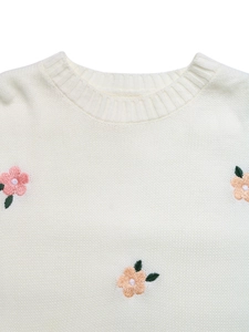 Detail of floral embroidery on a white knit sweater with pink and orange flower patterns