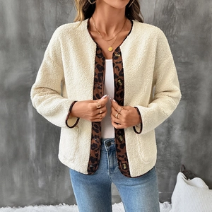 Women's leopard print contrast trim fleece jacket with buttons and white plush texture