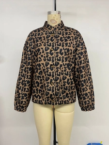 Detail view of leopard print jacket featuring stand collar and elastic cuffs design