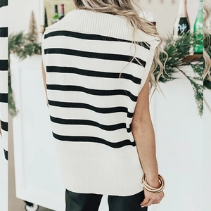 Rear view of striped sleeveless knit vest with half-zip collar and minimalist style