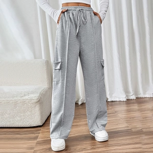 Women High Waist Cargo Sweatpants Gray Drawstring Elastic Waist Wide Leg Trousers Casual Straight Fit Lounge Pants