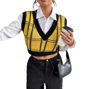 Women's V-neck plaid knit sweater vest in yellow and black checkered pattern