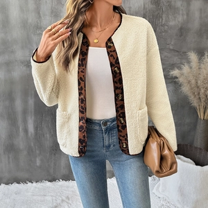 Women's cream faux fur cardigan with leopard print trim and retro buttons for autumn