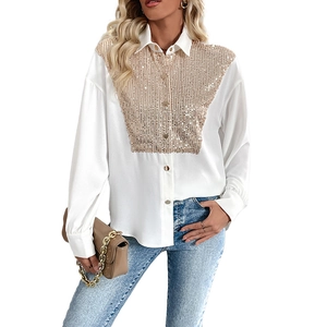 Women's white long sleeve shirt featuring elegant gold sequin patchwork and metallic buttons