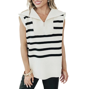 Women's striped knit vest with half-zip polo collar and ribbed hem in cream and black