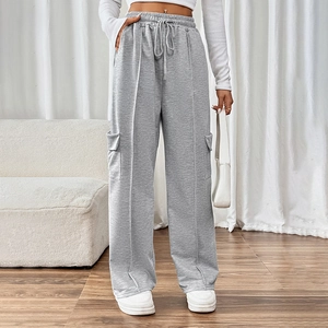 Women's grey high-waisted wide-leg sweatpants with drawstring and side cargo pockets