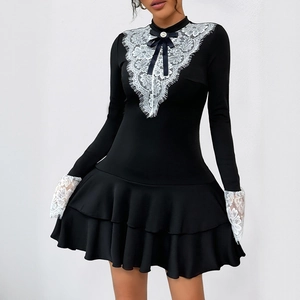 Mini Robe Vintage Française en Patchwork de Dentelle Femmes Nœud Manches Longues Ourlet Volanté Polyester Élasthanne Soirée Noir