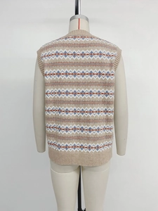 Detail view of Fair Isle geometric jacquard pattern on a knitted vest back
