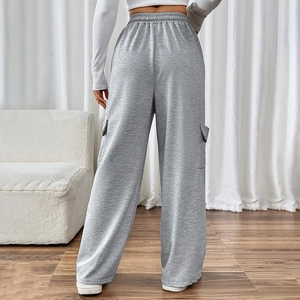 Women's grey high-waisted wide-leg sweatpants with cargo pockets and elastic waistband